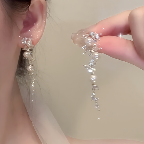 高级感仿珍珠锆石蝴蝶流苏耳环女