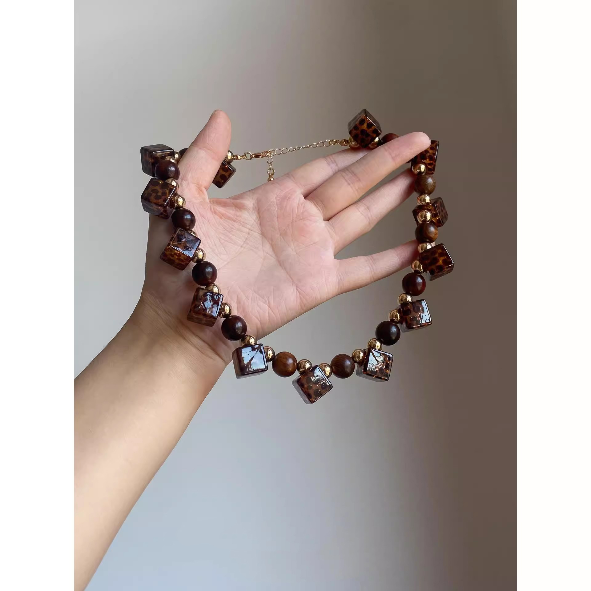 琥珀色豹纹波点方块串珠项链欧美