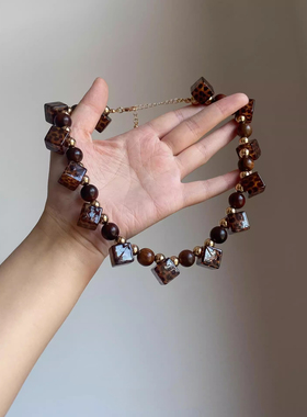 琥珀色豹纹波点方块串珠项链欧美