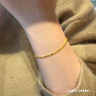 古法爆闪金色小方糖细手链女轻奢复古精致高级感气质素圈叠戴手饰