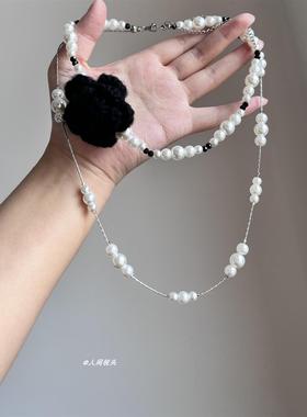 法式小香风黑色毛线花朵仿珍珠项