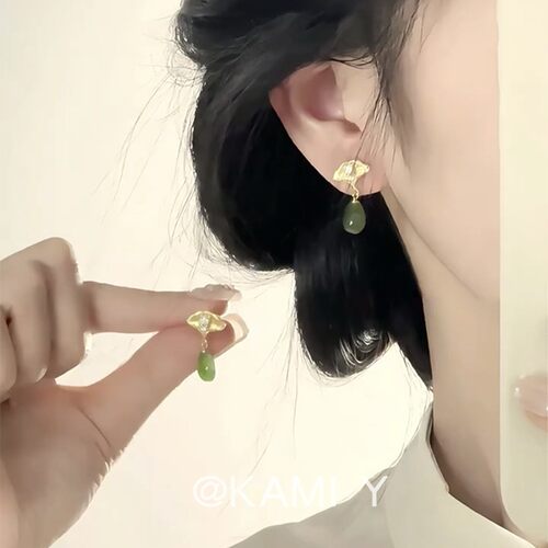 秋冬新款银杏叶绿色水滴吊坠耳钉