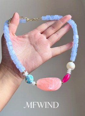 多巴胺蓝粉色不规则串珠项链可爱