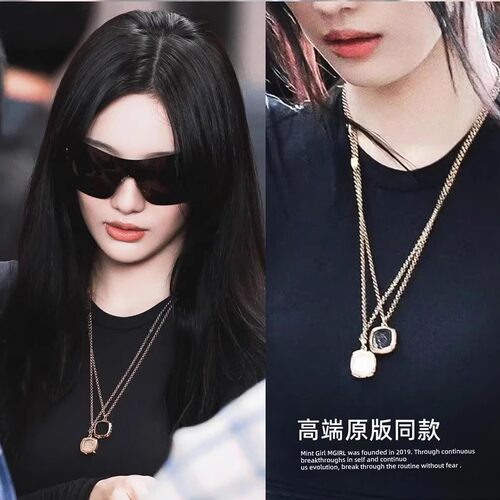 宁艺卓同款几何方块叠戴项链长款