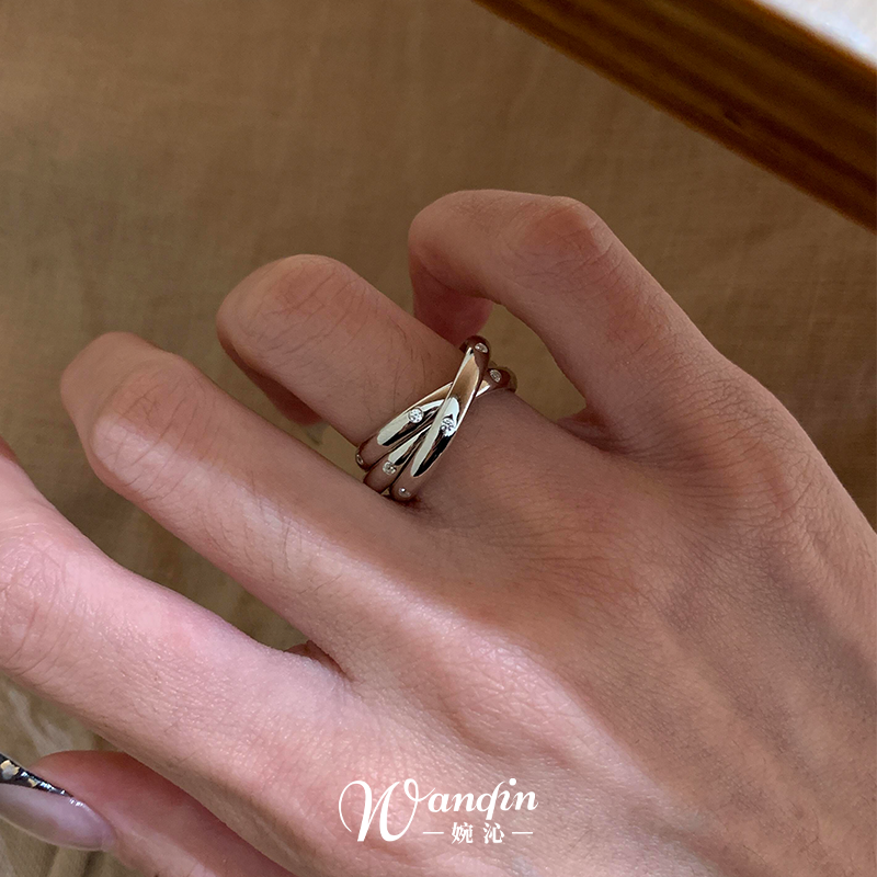 中古银色仿钻三环戒指复古设计感