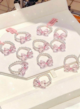 法式粉色蝴蝶结仿珍珠戒指女可爱