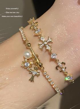 S925纯银金色闪钻十字架手链中古