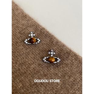 甜酷风土星虎眼石耳钉秋冬轻奢高级感耳饰精致气质大气养耳洞耳环