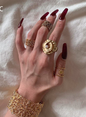 中古vintage金色复古花朵戒指女