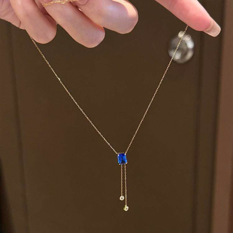 法式复古蓝色方糖流苏项链配饰长款气质百搭清冷感极简风锁骨链