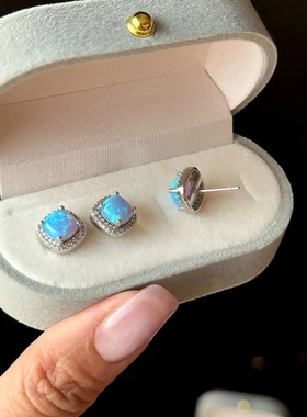 绝美蓝色仿欧泊石耳钉轻奢复古高级感耳环百搭高颜值气质方糖耳饰