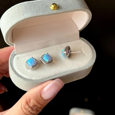 绝美蓝色仿欧泊石耳钉复古高级感