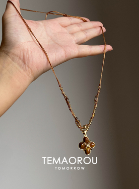 秋冬复古仿虎眼石四叶草编绳项链