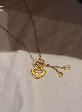 新中式金色平安锁钱币项链千金感