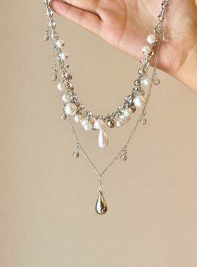中古仿珍珠水滴流苏项链精致百搭