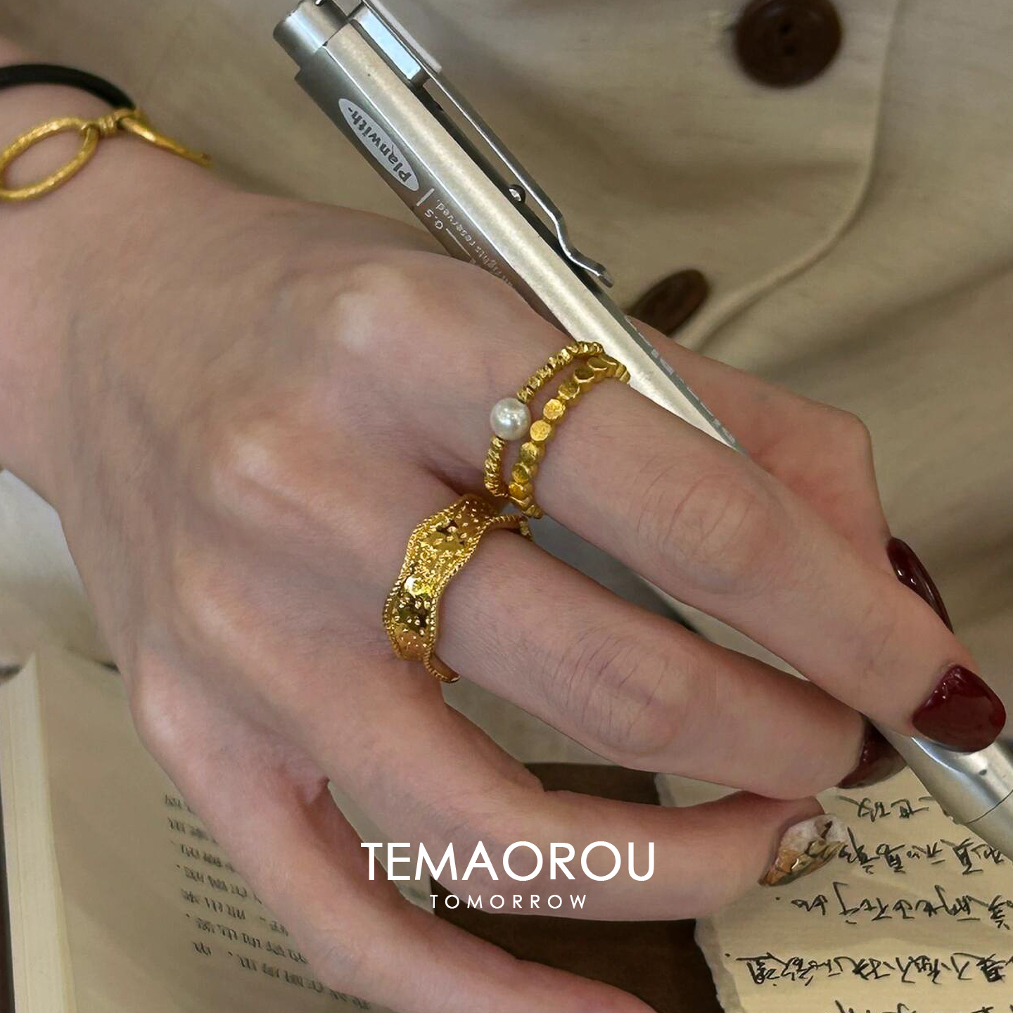 S925纯银中古宽边金色戒指女珍珠