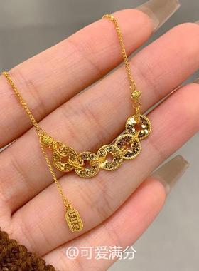 新中式古法碎碎冰金色五帝钱项链