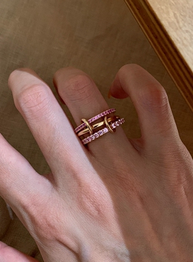 粉色仿排钻金色多层戒指轻奢百搭