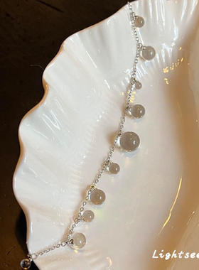 清冷感冰透白仿水晶流苏项链复古