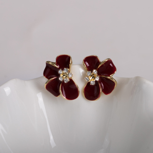 红色珐琅花朵耳钉轻奢气质高级感时尚 百搭耳环小众独特漂亮耳饰品