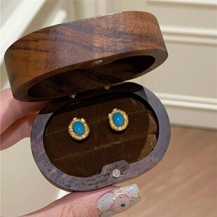 Vintage中古拉丝仿蓝松石耳钉高级感轻奢宫廷风精致独特金色耳饰