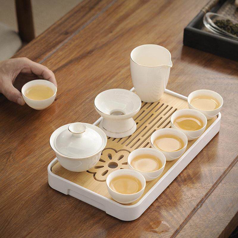 新德化白瓷功夫茶具套装中式茶礼干泡茶盘12件套描金盖碗礼盒装