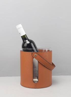 现代简约皮革玻璃醒酒器红酒冰桶摆件客厅餐厅吧台酒店家居装饰品