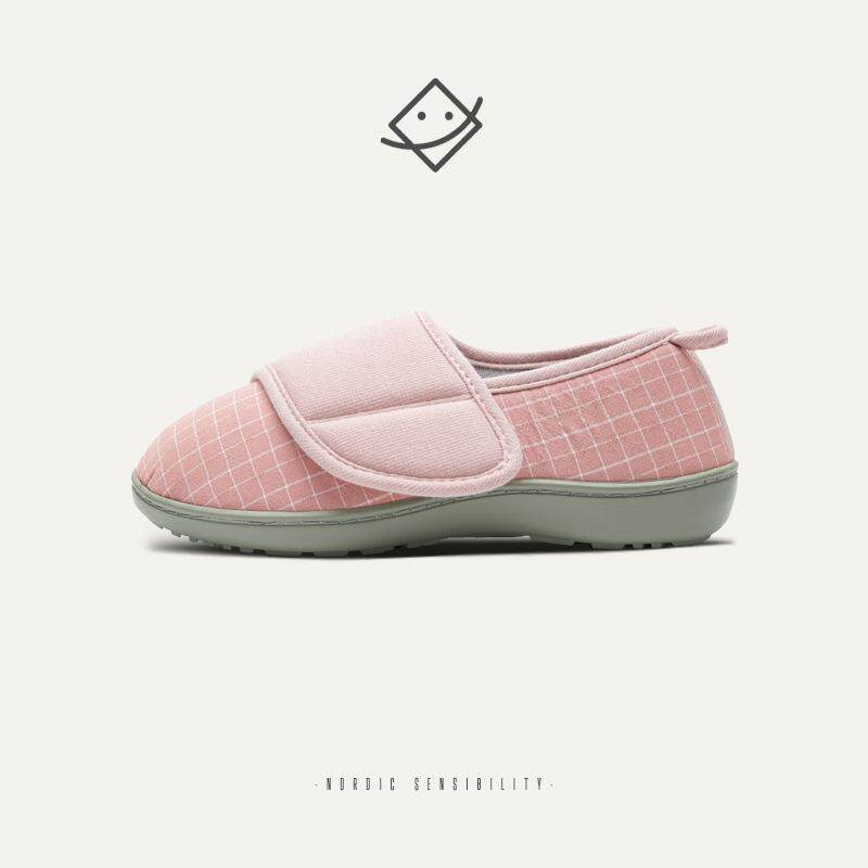 专为孕妇老人设计便捷魔术贴格纹拼接包跟棉拖鞋秋冬防滑户外拖鞋