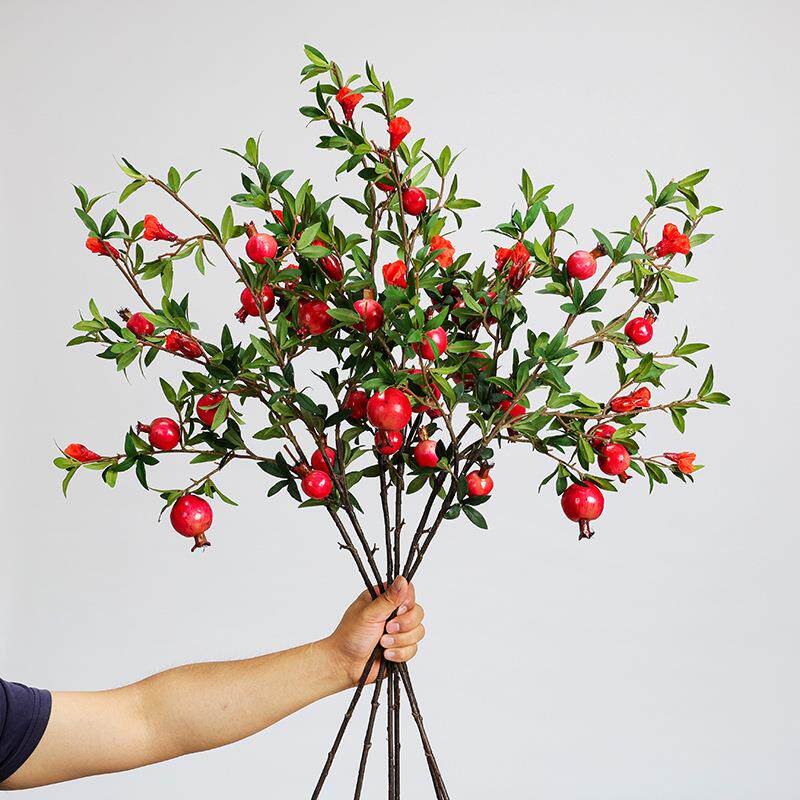 带花五头石榴果枝仿真绿植假树枝家居装饰花做树插花仿真石榴花枝