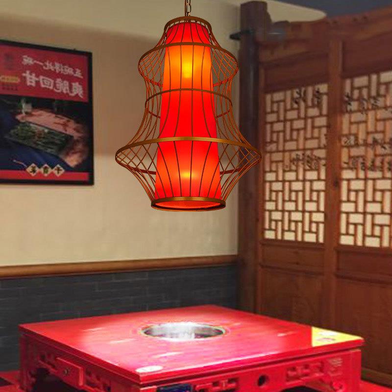 中式连锁餐饮火锅店吊灯带射灯大厅餐桌走廊过道铁艺金色鸟笼吊灯