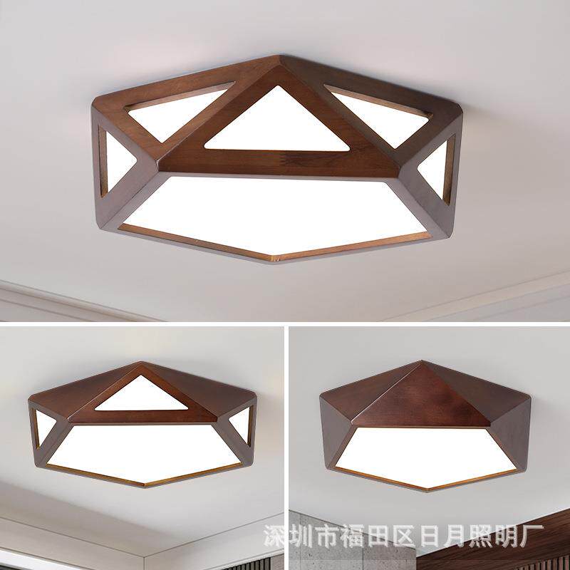 新中式几何吸顶灯简约现代LED卧室书房顶灯温馨黑胡桃色实木灯具