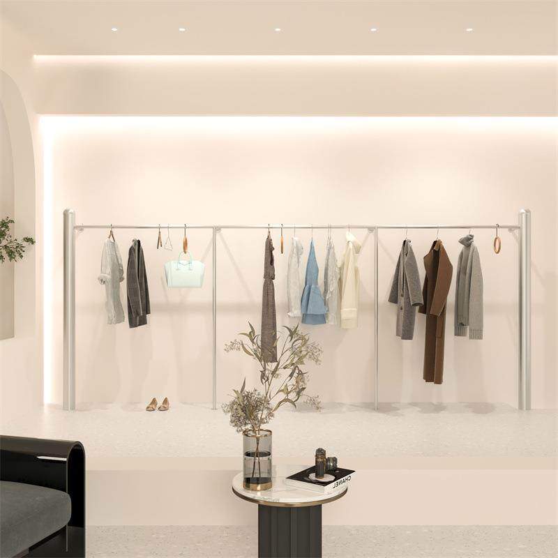服装店展示架落地式不锈钢银色上墙挂衣杆男装店货架陈列架展架