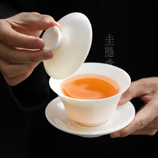 防烫手抓碗 圭隐堂羊脂玉瓷三才盖碗白瓷单个茶碗家用功夫茶具套装