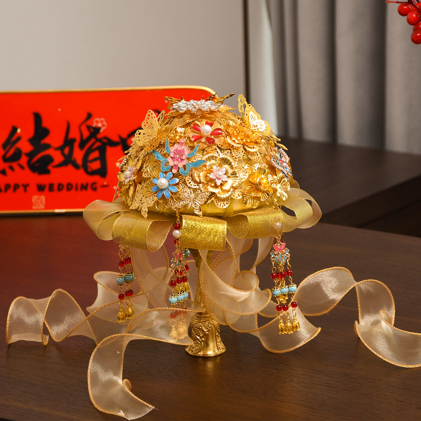中式黄金色新娘手捧花手工成品图片