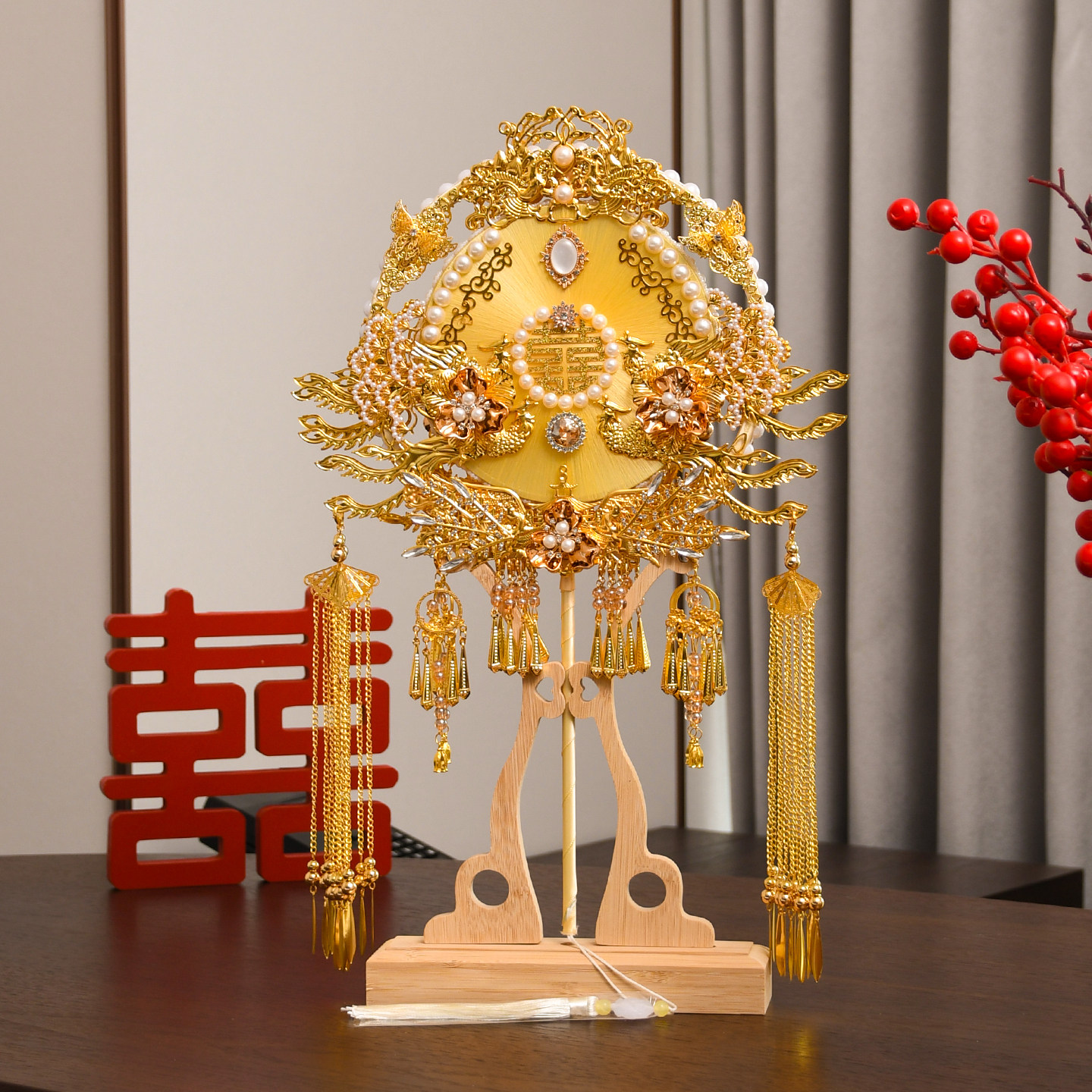 非遗蚕丝扇子结婚送新娘团扇diy材料包秀禾金色喜扇成品手工双面