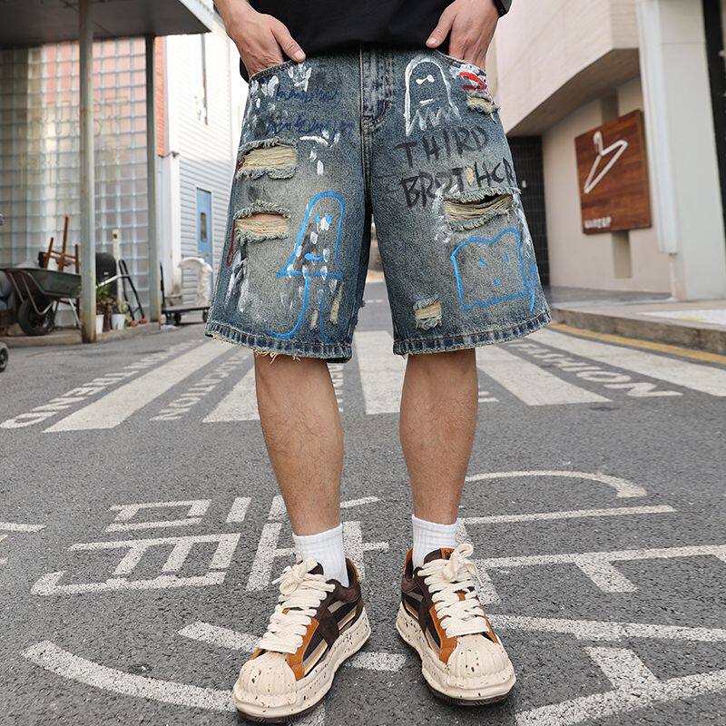 破洞夏季涂鸦小脚五分裤牛仔裤男高街ins因素泼墨休闲韩版