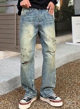 高街同款破洞巴黎vibe泼墨查看春秋详情拖地裤子四季