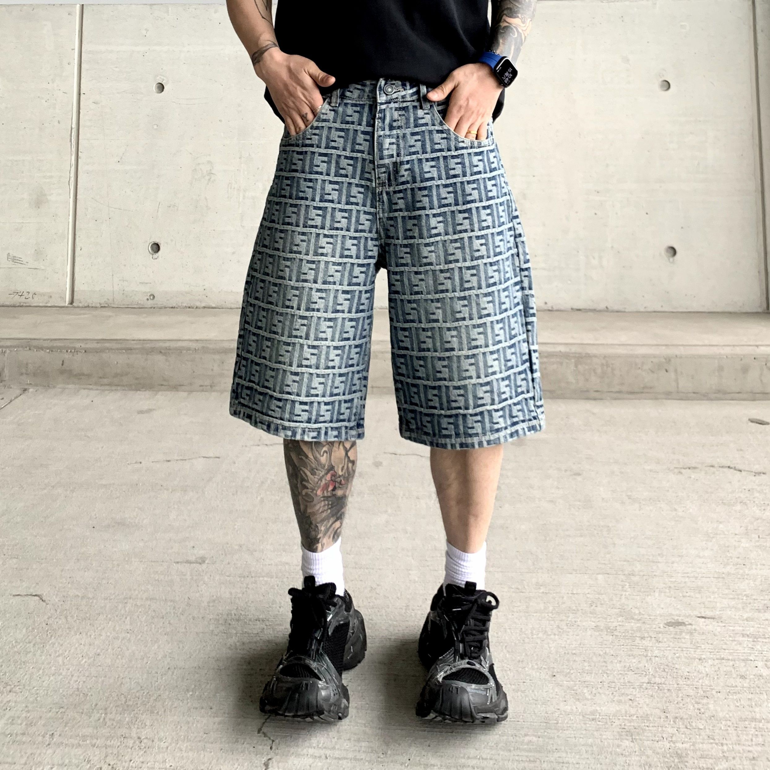 MiDuoduo巴黎风痞帅男女款牛仔短裤提花潮流小众高街直筒五分中裤