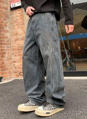 款潮牌破洞牛仔裤男士法国巴黎微喇痞宽松秋冬裤子风高街UKTK旧脏