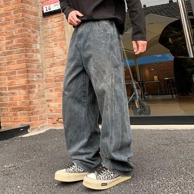 痞帅老爹街头刮烂阔腿牛仔裤
