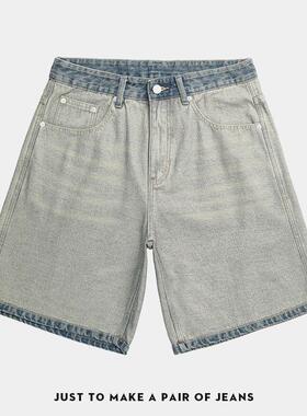 美式潮流重磅复古水洗牛仔短裤男款宽松百搭直筒休闲阔腿五分裤子