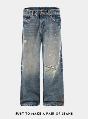 2025风同款新款微锥破洞泼漆直筒潮牌阔腿裤子巴黎男日系