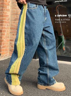 牛仔裤撞色cleanfit绿线条美式新款纹理大牌巴黎风轻奢男