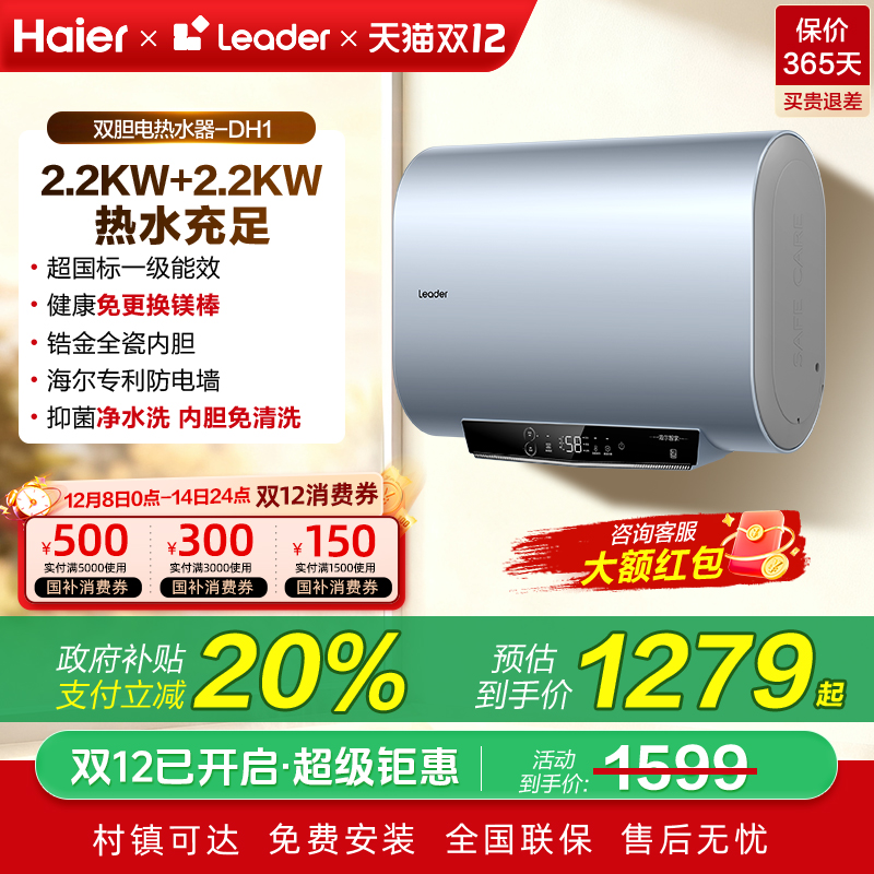 政府补贴海尔扁桶电热水器家用双胆60升一级能效50L卫生间leader