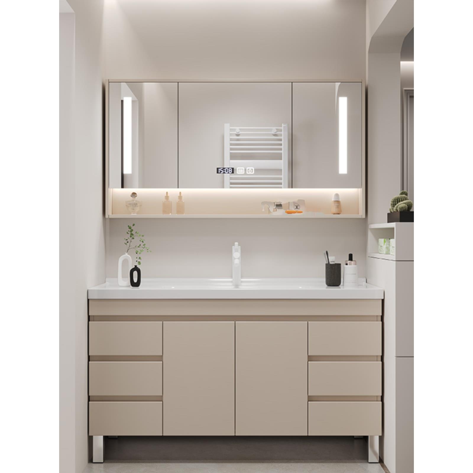 奶茶色浴室柜组合卫生间洗手盆厕所洗脸盆洗漱台一体陶瓷盆落地柜