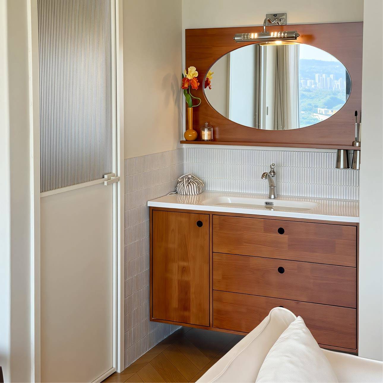 定制中古风浴室柜组合橡木实木烤漆洗漱台小户型洗手盆一体陶瓷盆