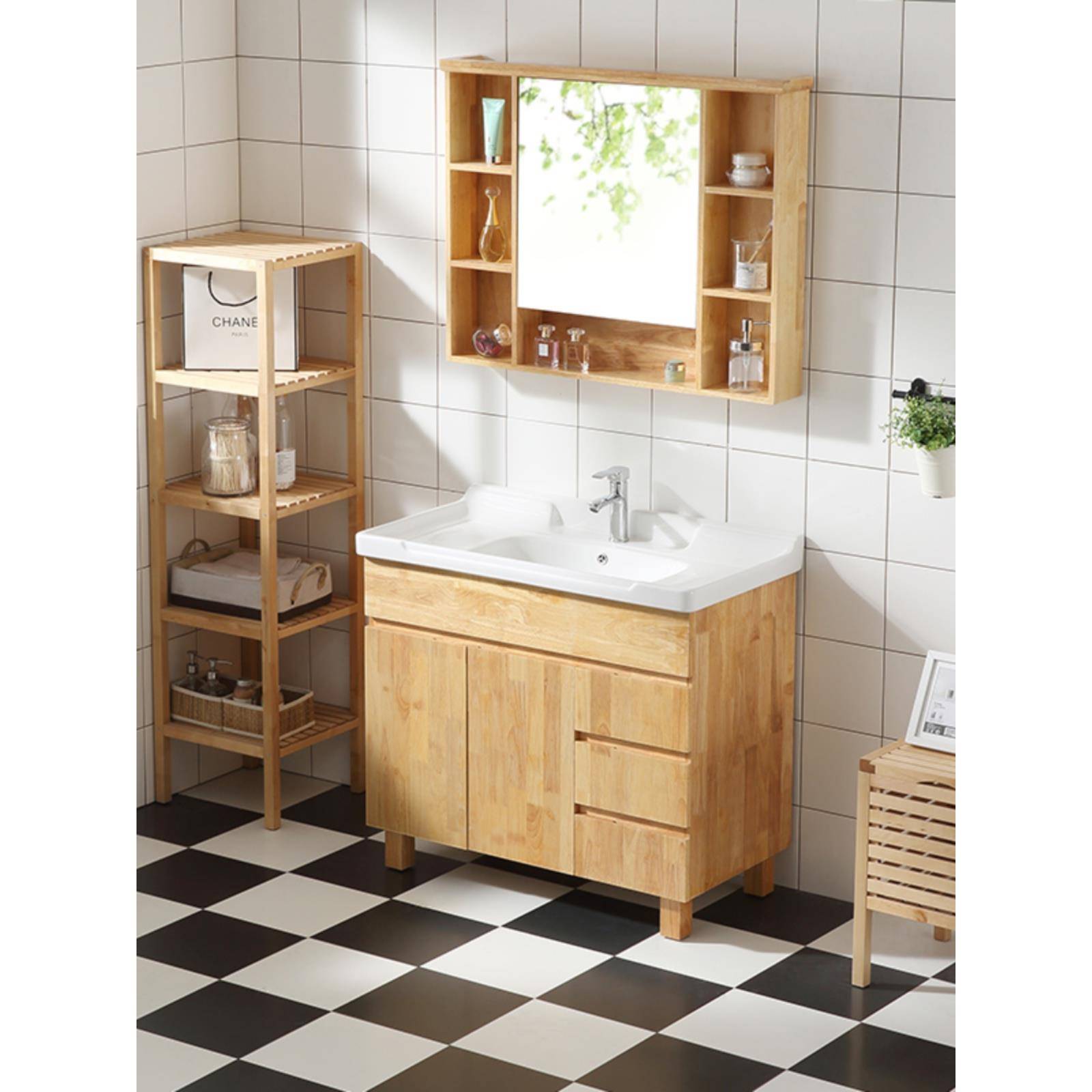 落地橡木浴室柜组合北欧实木卫浴柜卫生间洗漱台盆洗手池洗脸盆柜