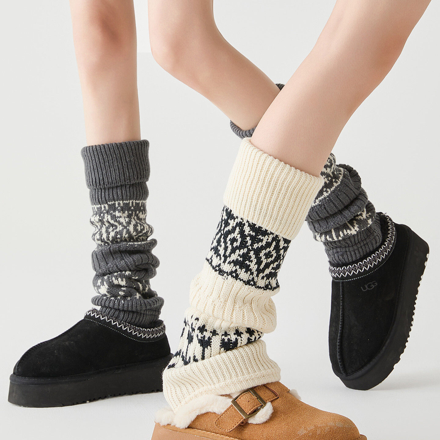 复古费尔岛堆堆袜套秋冬保暖配雪地靴打底裤羊毛加厚灰色小腿套女