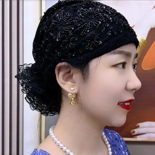 洋气百搭新款凤尾拼接帽子妈妈时尚头巾束发帽遮白发蕾丝包头帽女