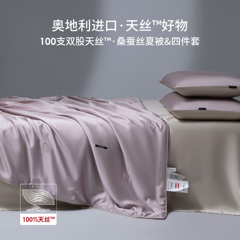 100支超细旦兰精天丝桑蚕丝夏凉被四件套可水洗冰丝真丝滑空调被